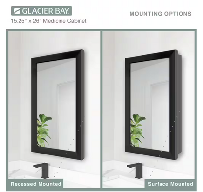 Glacier Bay 15-1/4 in. W x 26 in. H Rectangular Framed Recessed or Surface-Mount Bathroom Medicine Cabinet with Mirror, Black
