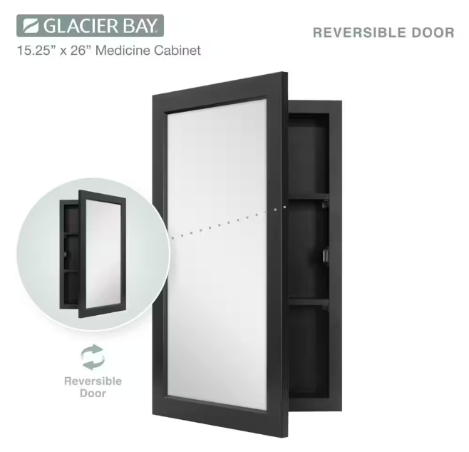 Glacier Bay 15-1/4 in. W x 26 in. H Rectangular Framed Recessed or Surface-Mount Bathroom Medicine Cabinet with Mirror, Black