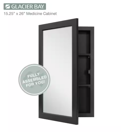 Glacier Bay 15-1/4 in. W x 26 in. H Rectangular Framed Recessed or Surface-Mount Bathroom Medicine Cabinet with Mirror, Black
