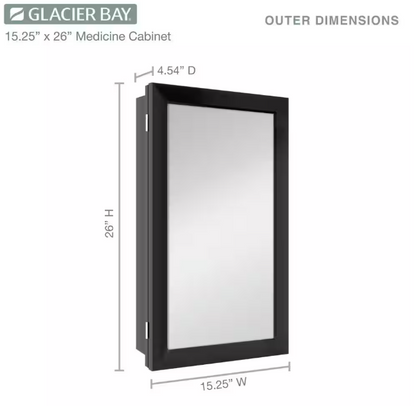 Glacier Bay 15-1/4 in. W x 26 in. H Rectangular Framed Recessed or Surface-Mount Bathroom Medicine Cabinet with Mirror, Black