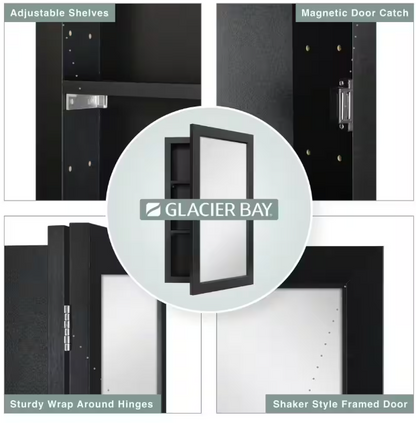 Glacier Bay 15-1/4 in. W x 26 in. H Rectangular Framed Recessed or Surface-Mount Bathroom Medicine Cabinet with Mirror, Black