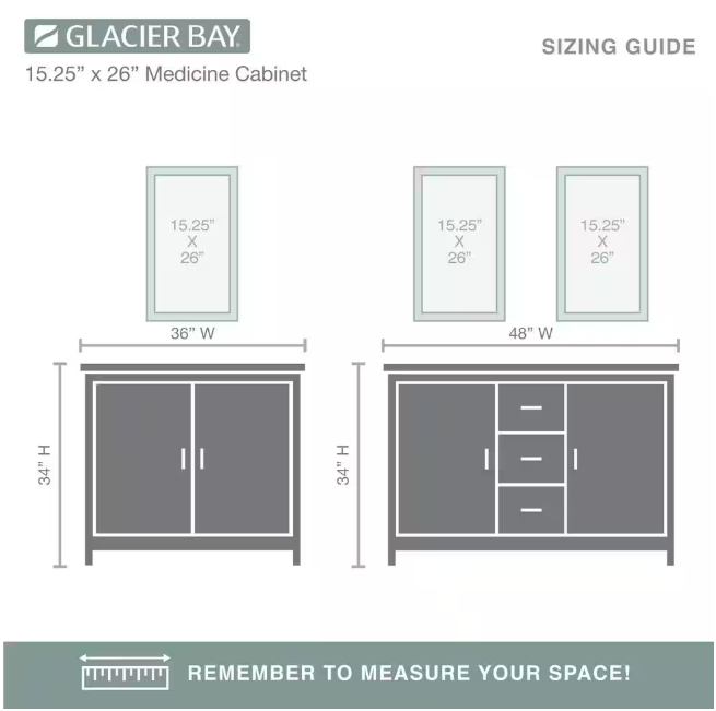 Glacier Bay 15-1/4 in. W x 26 in. H Rectangular Framed Recessed or Surface-Mount Bathroom Medicine Cabinet with Mirror, Black