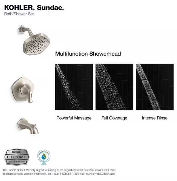 KOHLER Sundae Single-Handle 3-Spray Tub and Shower Faucet 1.75 GPM in Vibrant Brushed Nickel (Valve Included)