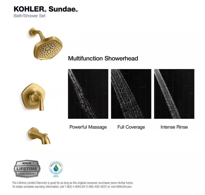 KOHLER Sundae Single-Handle 3-Spray Tub and Shower Faucet 1.75 GPM in Vibrant Brushed Moderne Brass (Valve Included)