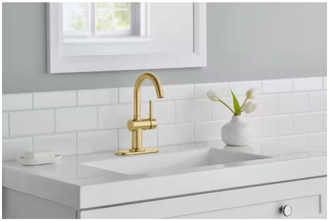 Glacier Bay Dorind Single Hole Single-Handle Deck Mount High-Arc Bathroom Faucet in Matte Gold