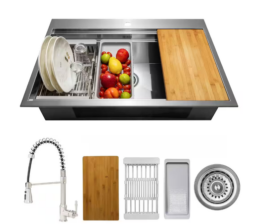 AKDY Handmade All-in-One Topmount Stainless Steel 33 in. x 22 in. Single Bowl Kitchen Sink w/ Spring Neck Faucet, Accessory