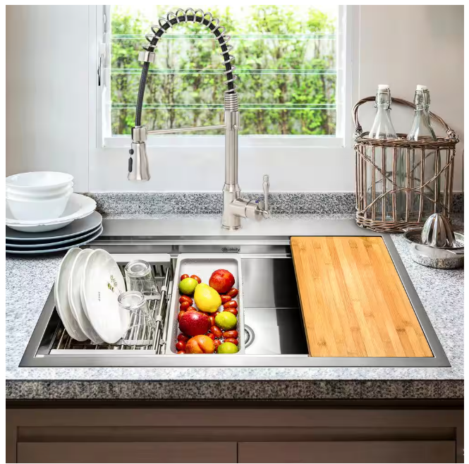 AKDY Handmade All-in-One Topmount Stainless Steel 33 in. x 22 in. Single Bowl Kitchen Sink w/ Spring Neck Faucet, Accessory