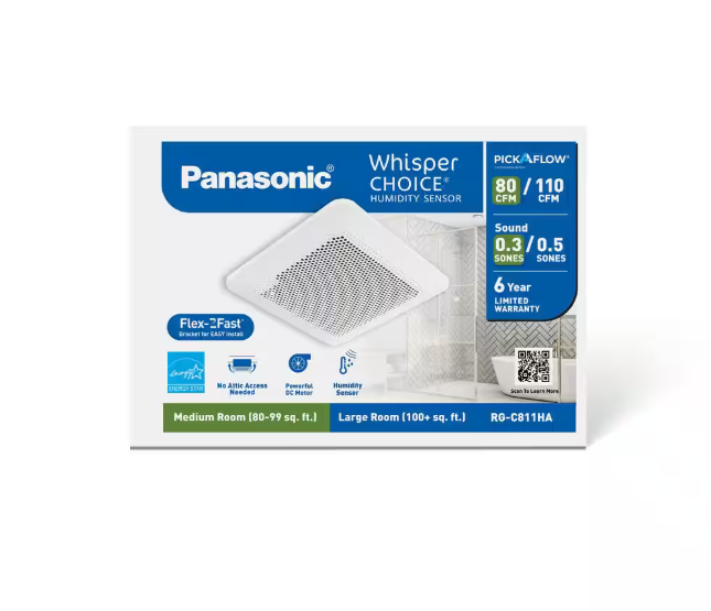 Panasonic Whisper Choice Auto DC Pick-A-Flow 80/110 CFM Ceiling Bathroom Exhaust Fan with Humidity Sense and Flex-Z Fast Bracket