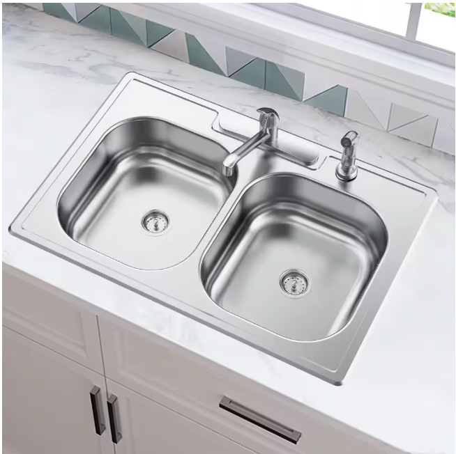 Glacier Bay 33 in. Drop-In 50/50 Double Bowl 20 Gauge Stainless Steel Kitchen Sink