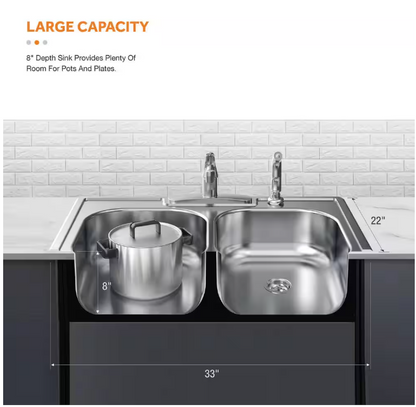 Glacier Bay 33 in. Drop-In 50/50 Double Bowl 20 Gauge Stainless Steel Kitchen Sink