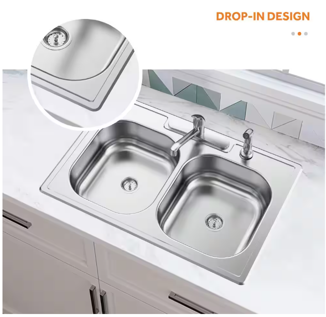 Glacier Bay 33 in. Drop-In 50/50 Double Bowl 20 Gauge Stainless Steel Kitchen Sink