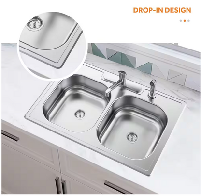 Glacier Bay 33 in. Drop-In 50/50 Double Bowl 20 Gauge Stainless Steel Kitchen Sink
