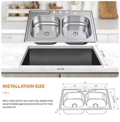 Glacier Bay 33 in. Drop-In 50/50 Double Bowl 20 Gauge Stainless Steel Kitchen Sink