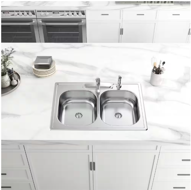 Glacier Bay 33 in. Drop-In 50/50 Double Bowl 20 Gauge Stainless Steel Kitchen Sink