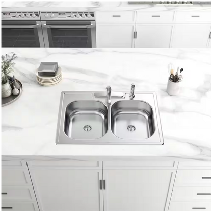 Glacier Bay 33 in. Drop-In 50/50 Double Bowl 20 Gauge Stainless Steel Kitchen Sink