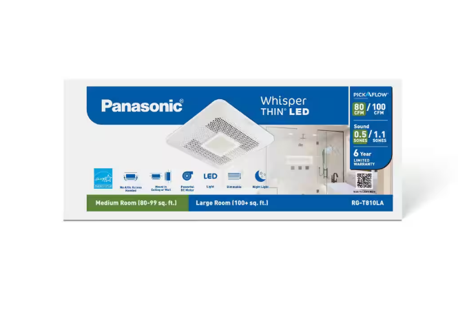 Panasonic WhisperThin DC LED Pick-A-Flow 80 -100 CFM Ceiling/Wall Bathroom Exhaust Fan, 3-3/8 in. Low Profile Housing