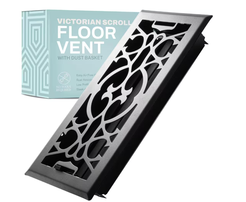 HOME INTUITION Victorian Scroll 2 x 14 in. Decorative Floor Register Vent with Mesh Cover Trap, Matte Black