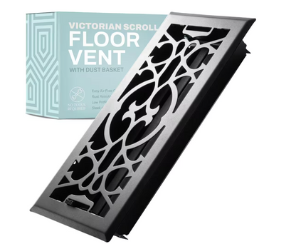 HOME INTUITION Victorian Scroll 2 x 14 in. Decorative Floor Register Vent with Mesh Cover Trap, Matte Black