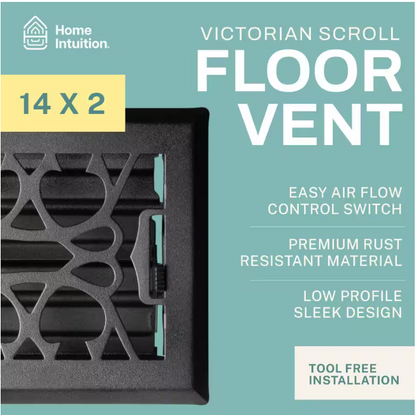 HOME INTUITION Victorian Scroll 2 x 14 in. Decorative Floor Register Vent with Mesh Cover Trap, Matte Black