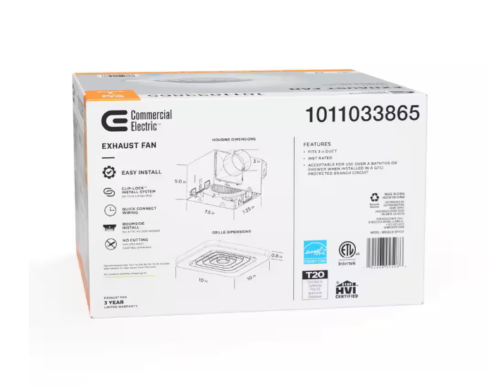 Commercial Electric 50 CFM Ceiling Mount Room Side Installation Bathroom Exhaust Fan, ENERGY STAR