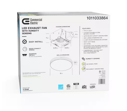 Commercial Electric 80 /110 CFM Ceiling Mount Room Side Installation Round Bathroom Exhaust Fan with LED, Night Light and Humidity Sensor
