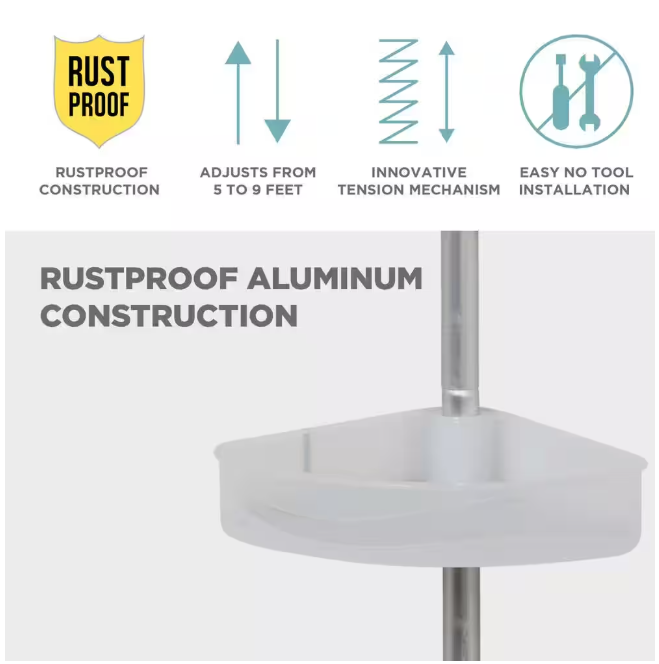 Zenna Home Tension Pole Rust Resistant Corner Shower Caddy in Satin Chrome