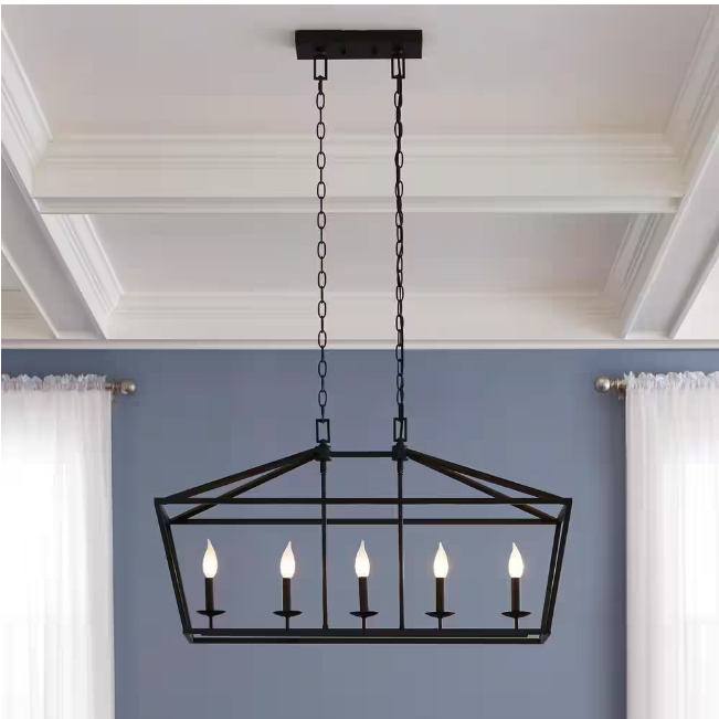 Home Decorators Collection Weyburn 36 in. 5-Light Bronze Farmhouse Linear Chandelier Light Fixture with Caged Metal Shade