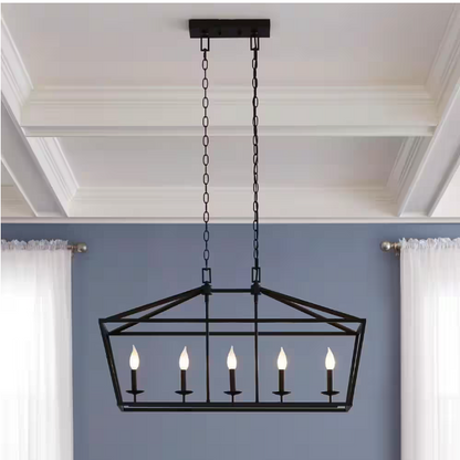 Home Decorators Collection Weyburn 36 in. 5-Light Bronze Farmhouse Linear Chandelier Light Fixture with Caged Metal Shade