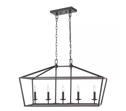 Home Decorators Collection Weyburn 36 in. 5-Light Bronze Farmhouse Linear Chandelier Light Fixture with Caged Metal Shade