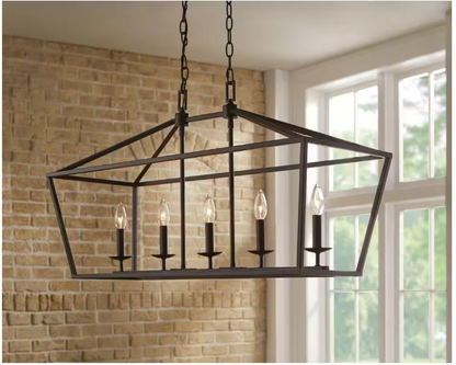 Home Decorators Collection Weyburn 36 in. 5-Light Bronze Farmhouse Linear Chandelier Light Fixture with Caged Metal Shade