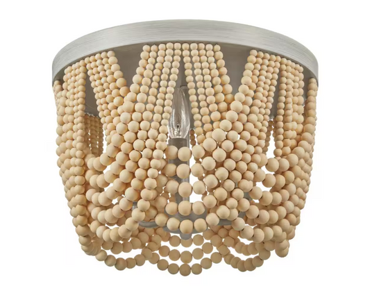 Home Decorators Collection Harlan 15 in. 3-Light Brushed Grey Flush Mount with Natural Real Wood Beads