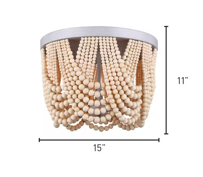 Home Decorators Collection Harlan 15 in. 3-Light Brushed Grey Flush Mount with Natural Real Wood Beads