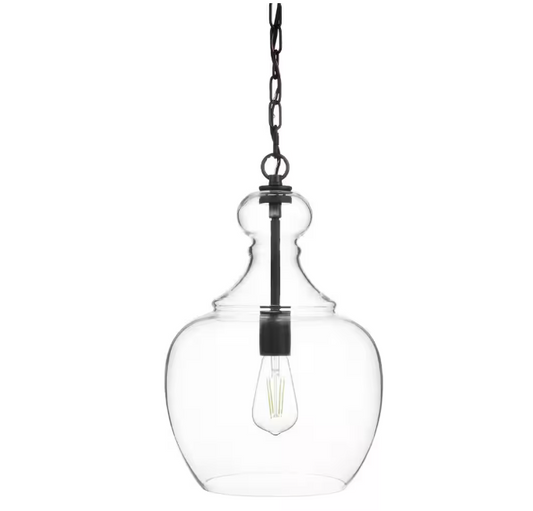 Home Decorators Collection Bakerston 1-Light Matte Black Hanging Pendant with Clear Glass Shade