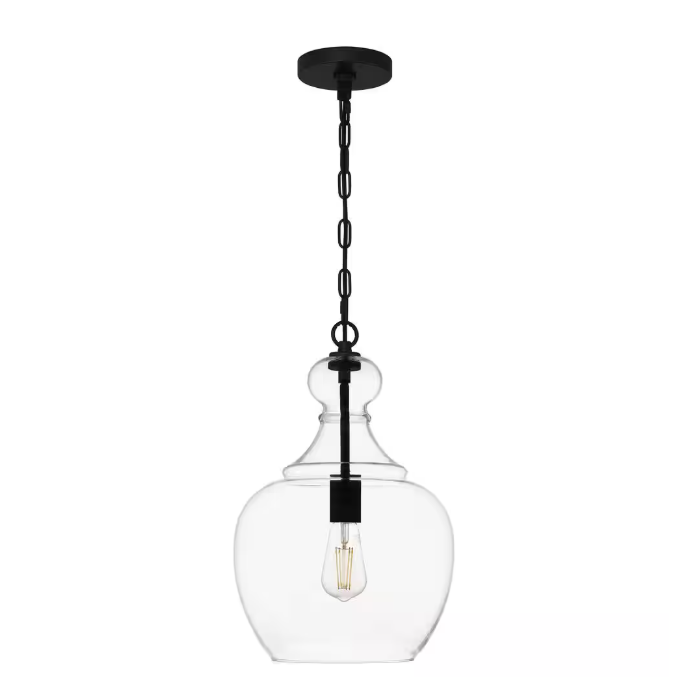 Home Decorators Collection Bakerston 1-Light Matte Black Hanging Pendant with Clear Glass Shade