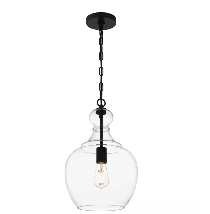 Home Decorators Collection Bakerston 1-Light Matte Black Hanging Pendant with Clear Glass Shade