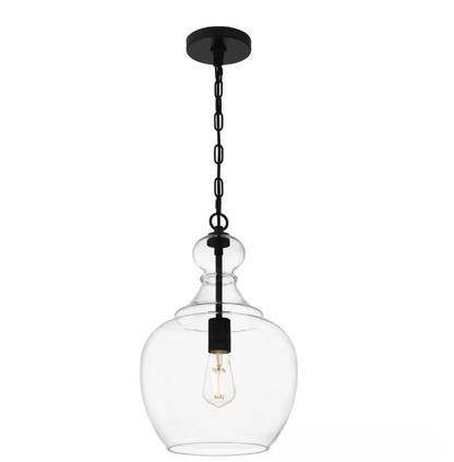 Home Decorators Collection Bakerston 1-Light Matte Black Hanging Pendant with Clear Glass Shade