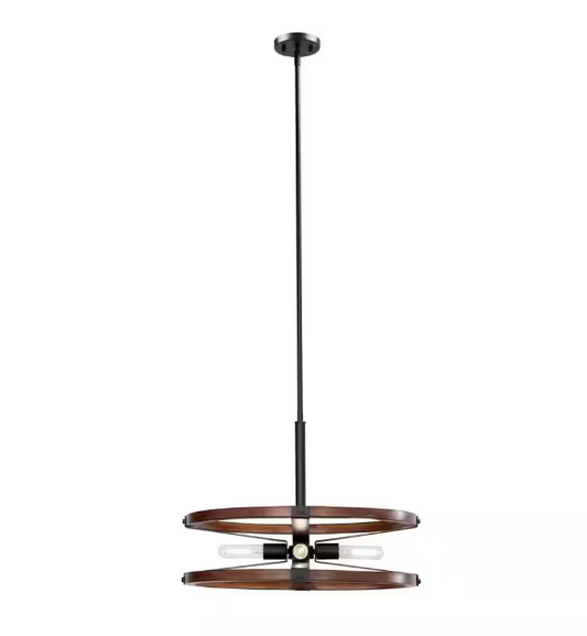 Hampton Bay Rockland 60-Watt 4-Light Matte Black Pendant with Painted Wood Accent Shade