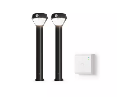 Ring Smart Lighting Motion Activated Outdoor Solar Integrated LED Black Pathlight with Smart Lighting Bridge (2-Pack)