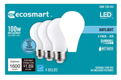 EcoSmart 100-Watt Equivalent A19 Energy Star Dimmable LED Light Bulb Daylight (4-Pack)