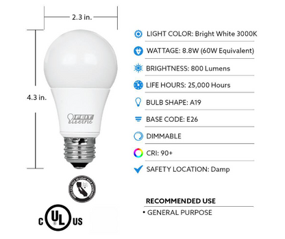 Feit Electric 60-Watt Equivalent A19 Dimmable CEC Title 20 90+ CRI E26 Medium LED Light Bulb, Bright White 3000K (24-Pack)