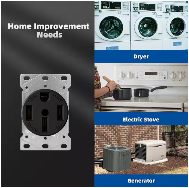 ELEGRP 50 Amp 125/250V  NEMA 14-50R Flush Mount Power Outlet  Straight Blade Range and Dryer Outlet Grounding  Black 2106S