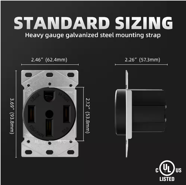 ELEGRP 50 Amp 125/250V  NEMA 14-50R Flush Mount Power Outlet  Straight Blade Range and Dryer Outlet Grounding  Black 2106S
