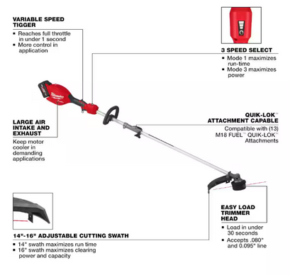 Milwaukee M18 FUEL 18V 16 in. Brushless Cordless Battery Powered String Trimmer w/QUIK-LOK Attachment Capability & 6.0 Ah Battery