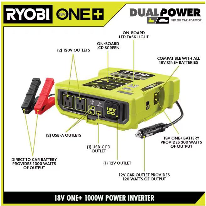 RYOBI ONE+ 18V 1000-Watt Max 12-Volt Automotive Power Inverter