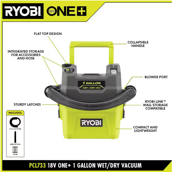 RYOBI ONE+ 18V Cordless 1 Gal. Wet/Dry Vacuum (Tool Only)