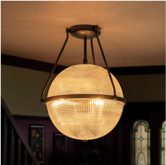 Rennnsan Lena 13.7 in. 3-Light Black Modern Industrial Semi-Flush Mount with Clear Grid Glass Globe Shade