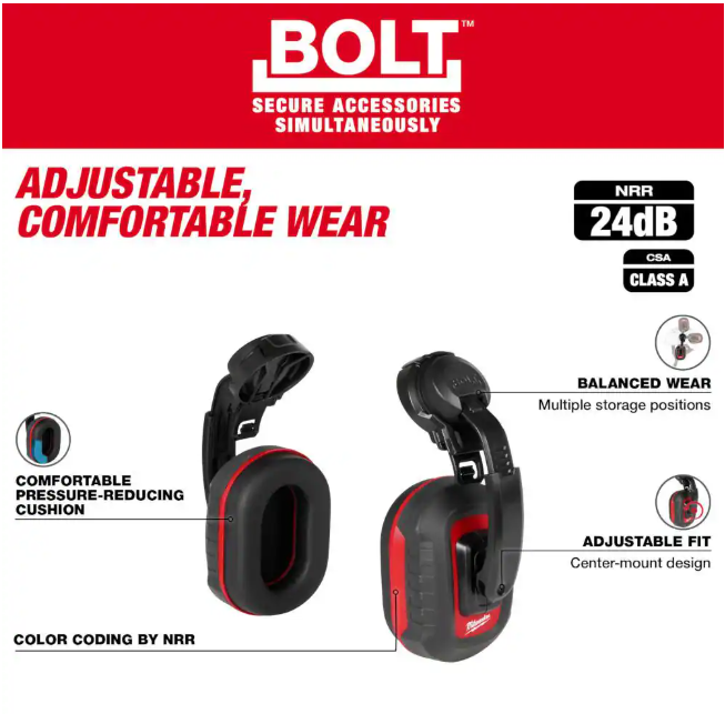 Milwaukee BOLT Earmuffs with Noise Reduction Rating of 24 dB