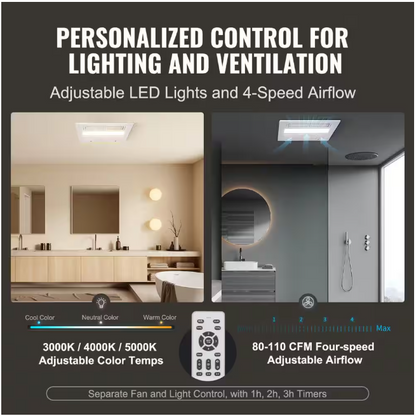 SKYSHALO 110 CFM Bathroom Exhaust Fan 1500-Watt Heating Energy-Saving Bathroom Ceiling Fan, Low Noise Operation, Energy-Saving
