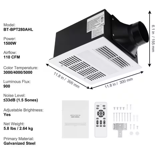 SKYSHALO 110 CFM Bathroom Exhaust Fan 1500-Watt Heating Energy-Saving Bathroom Ceiling Fan, Low Noise Operation, Energy-Saving