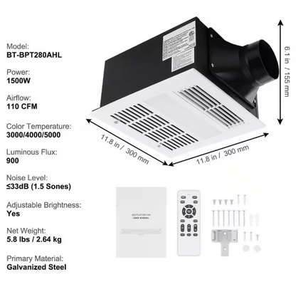 SKYSHALO 110 CFM Bathroom Exhaust Fan 1500-Watt Heating Energy-Saving Bathroom Ceiling Fan, Low Noise Operation, Energy-Saving